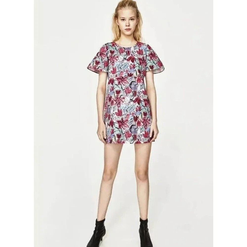 NWT Zara Multicolor Floral Mini Dress Size L Ruffled Short Sleeves Bow V Back - Picture 1 of 10